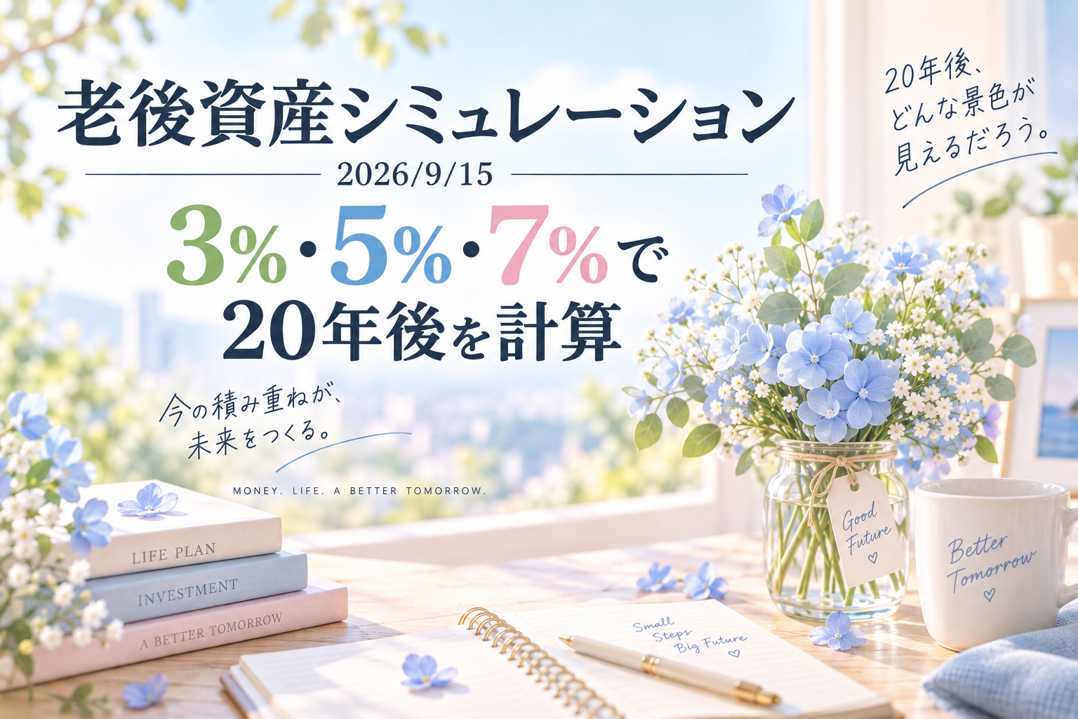 老後資産シミュレーション｜20２6/9/15　3％・5％・7％で20年後を計算