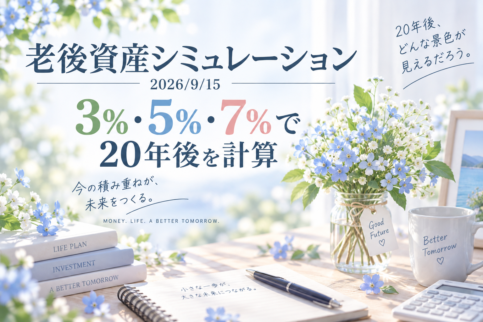老後資産シミュレーション｜20２6/9/15　3％・5％・7％で20年後を計算